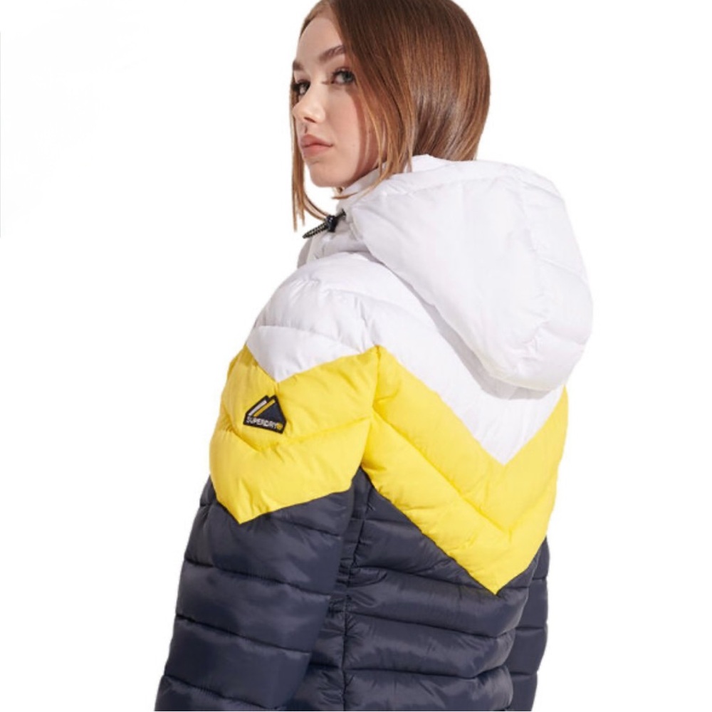 Superdry Colour-Block Fuji Puffer Jacket Size 6 Navy, Yellow, White NWT - Picture 4 of 10